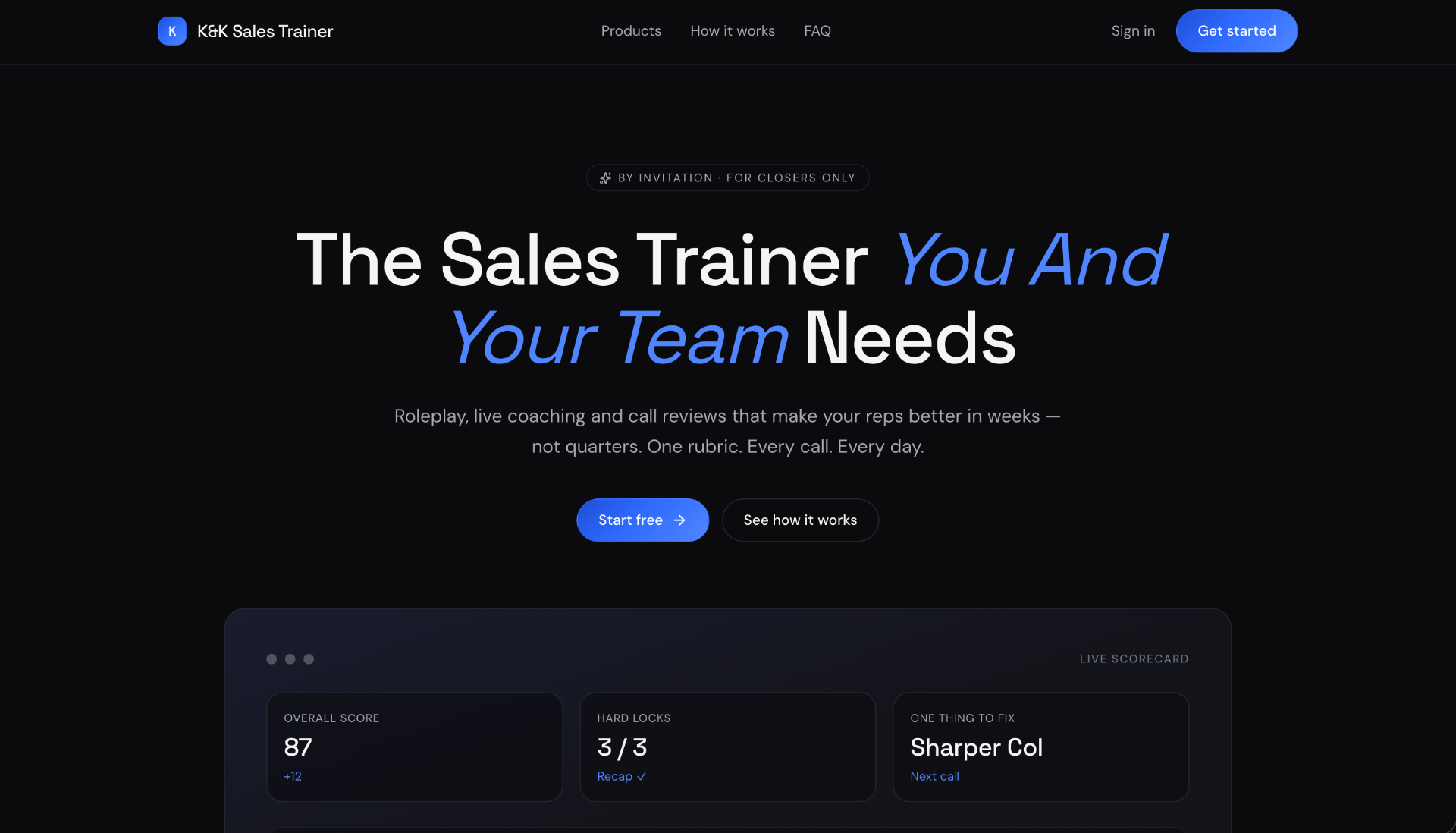 K&K Sales Trainer landing — hero, CTA, and live scorecard preview